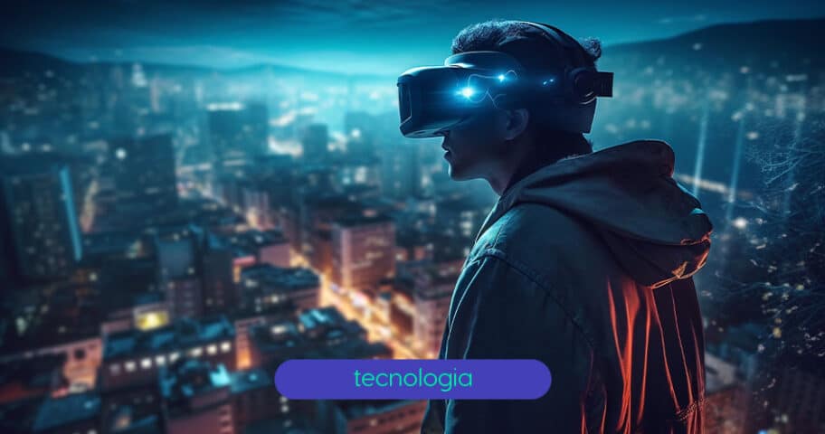 Imagem: Um vislumbre do futuro da realidade virtual: uma pessoa usando um headset VR, imersa em um mundo digital.