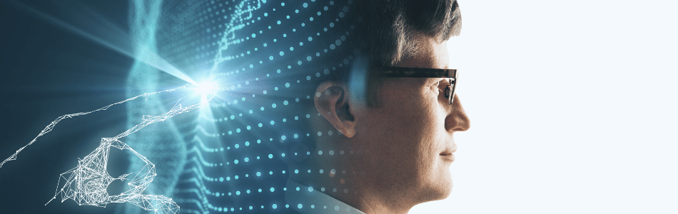 Descrição de Imagem: Perfil de um homem usando óculos com gráficos digitais de uma rede neural e reflexo de luz ilustrando conceitos de inteligência artificial e tecnologia.