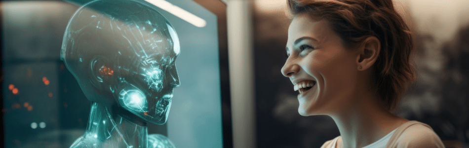 Descrição da Imagem: Uma mulher sorrindo para uma tela de computador exibindo um rosto humano, enquanto uma Inteligência Artificial cuida do atendimento ao cliente.