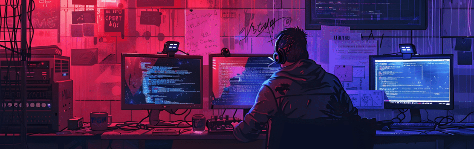Descrição de Imagem: Ilustração de um homem encapuzado sentado diante de várias telas de computador, envolvido no 'Hacktivismo'.