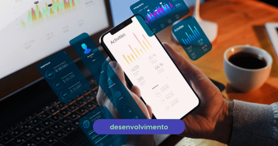 Descrição de Imagem: Desenvolvedor visualizando diferentes tipos de aplicativos em um smartphone, com gráficos de atividades e análises de desempenho, destacando o desenvolvimento de software.