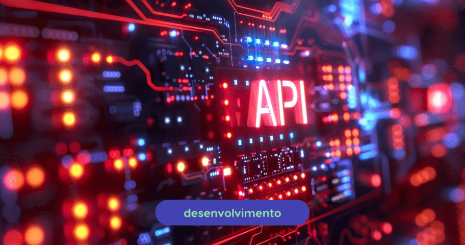 Descrição de Imagem: A imagem exibe uma placa de circuito brilhante com "API GraphQL" destacado e iluminado no centro. O fundo está repleto de circuitos e luzes interconectados.