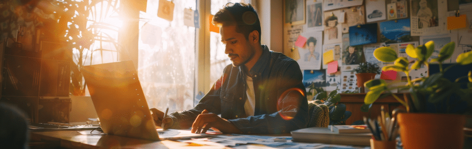 Descrição de Imagem: Um designer concentrado no trabalho em sua mesa, cercado por plantas e referências visuais em um ambiente iluminado pelo sol, representando o conceito de Growth Design.