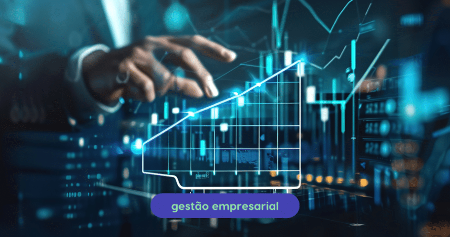 Descrição de Imagem: A mão de uma pessoa em um terno escuro interage com uma interface digital que exibe gráficos financeiros e dados estatísticos em azul. Na parte inferior da imagem está escrito "gestão empresarial" e o logotipo de uma empresa de software.