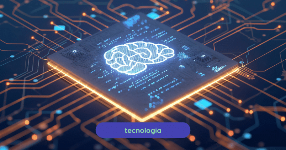 Descrição de Imagem: Ilustração de circuito com cérebro digital destacando os tipos de inteligência artificial na tecnologia.