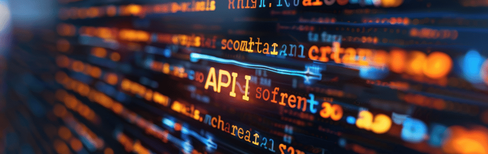 Descrição de Imagem: Código de programação com destaque para a palavra API, representando a integração e desenvolvimento de software com APIs.