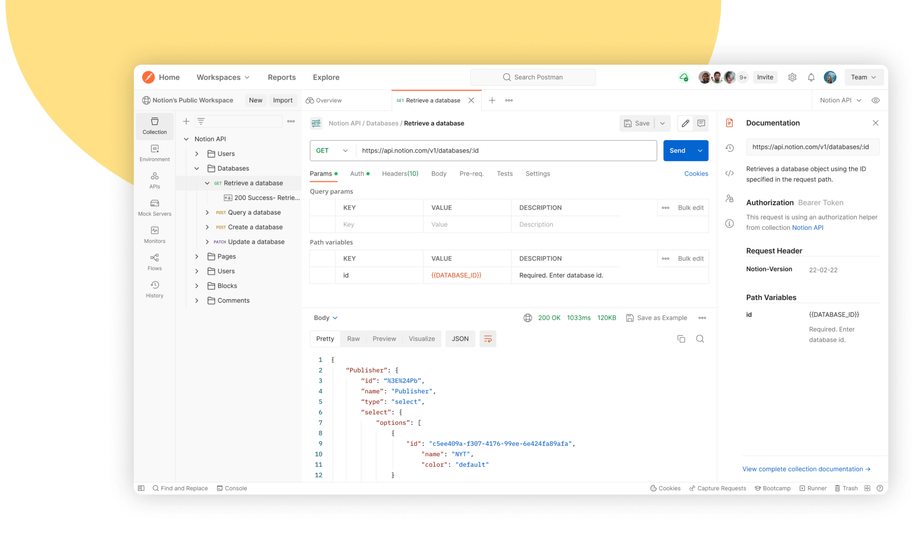 Descrição de Imagem: Captura de tela da interface do aplicativo Postman mostrando um espaço de trabalho com uma solicitação de teste de API sendo feita para recuperar um banco de dados. A tela inclui parâmetros, cabeçalhos e uma seção de resposta. À direita, há uma barra lateral de documentação com detalhes sobre autorização e variáveis de caminho.