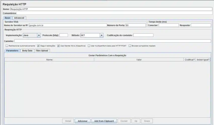 Descrição de Imagem: Uma captura de tela de uma interface de software semelhante ao soapUI para fazer solicitações HTTP. Os campos incluem nome do servidor ou IP, número da porta, tempo limite, nome do servidor, tipo de implementação (Java), protocolo (http), método (GET) e codificação de conteúdo. Existem guias para parâmetros, dados do corpo, arquivos e cabeçalhos. Ideal para testes de API.