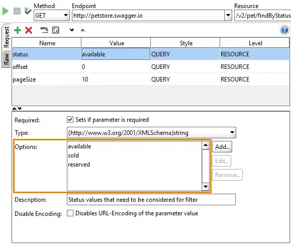 Descrição de Imagem: Captura de tela de uma ferramenta de teste de API, semelhante ao JMeter, exibindo uma janela de configuração de solicitação. O método de solicitação é GET, com o endpoint definido como "http://petstore.swagger.io/v2/pet/findByStatus". Os parâmetros incluem 'status', 'offset' e 'pageSize'. As opções de ‘status’ são ‘disponível’, ‘vendido’ e ‘reservado’.