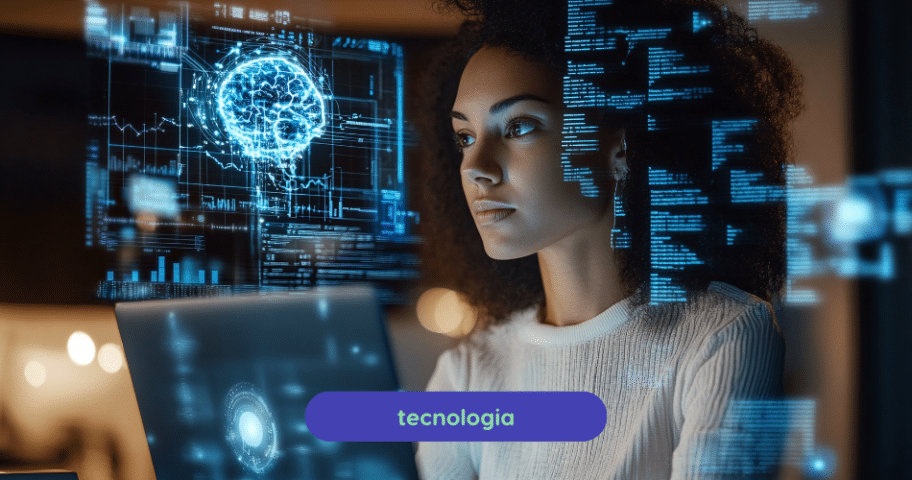 Descrição de Imagem: Mulher programadora trabalhando com visualizações digitais de cérebro e código, representando o uso de Inteligência Artificial e Machine Learning em tecnologia.