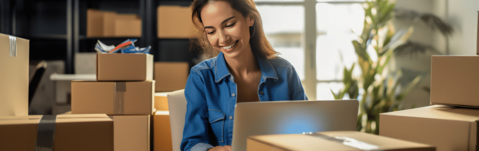 Descrição de Imagem: Uma mulher está sorrindo enquanto trabalha em um laptop cercada por caixas de papelão. A cena parece ser em uma sala clara e bem iluminada, com janelas grandes e algumas plantas ao fundo. O cenário sugere um negócio baseado em casa ou uma operação de varejo online, com ênfase na mitigação de riscos para garantir operações tranquilas.