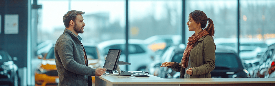 Descrição de Imagem: Um homem e uma mulher em uma concessionária de carros estão em lados opostos de um balcão, envolvidos no que parece ser uma simulação de atendimento ao cliente. O homem, vestido com um blazer e segurando uma caneta, conversa com a mulher, que está usando um cachecol e uma jaqueta. Carros expostos são visíveis ao fundo.