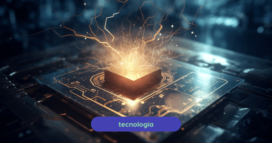 Descrição de Imagem: chip de computador com energia luminosa e circuitos complexos representando avanços em tecnologia de computação quântica e eletrônica.