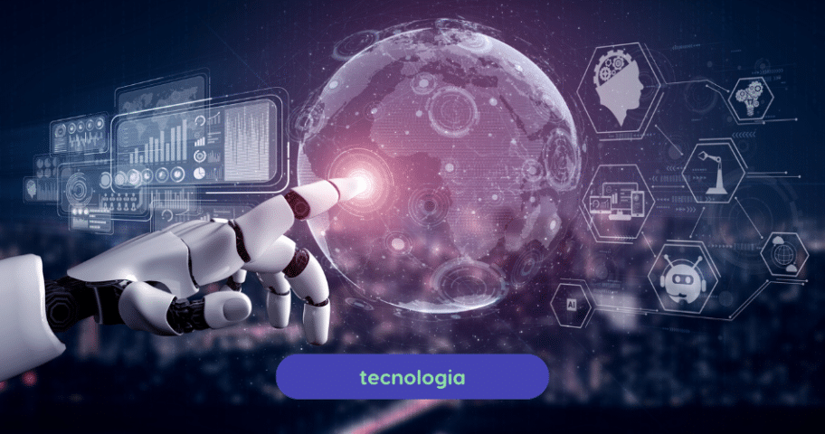 Descrição de Imagem: Uma mão robótica tocando uma esfera digital que representa o globo terrestre, cercada por ícones tecnológicos relacionados à IA generativa, incluindo gráficos, perfis de cabeça com circuitos e ícones de realidade virtual, simbolizando o impacto da inteligência artificial no mundo digital.