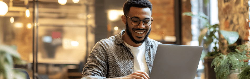 Descrição de Imagem: Um homem usando óculos e uma camisa listrada sorri enquanto digita em um laptop, incorporando o espírito da desburocratização digital. Ele está sentado em uma sala aconchegante com iluminação quente e plantas ao fundo, saboreando a facilidade perfeita que a tecnologia traz ao seu fluxo de trabalho.