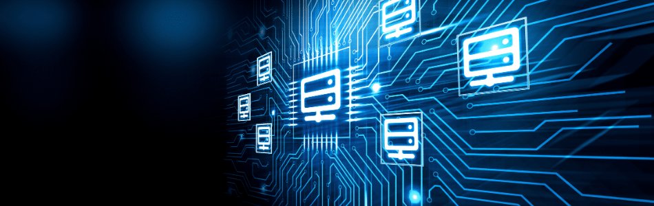 Descrição de Imagem: Ícones digitais brilhantes que lembram robôs são exibidos em um fundo azul escuro com padrões semelhantes a circuitos, simbolizando tecnologia, inteligência artificial e o mundo interconectado da Internet das Coisas (IoT).