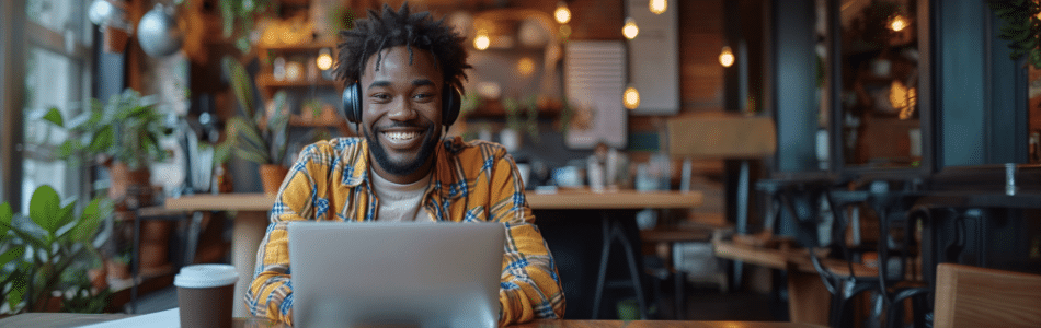 Descrição de Imagem: Um homem com fones de ouvido está sorrindo, usando IA Generativa em seu laptop em um café aconchegante. Iluminação quente e plantas criam uma atmosfera acolhedora, com uma xícara de café na mesa de madeira.