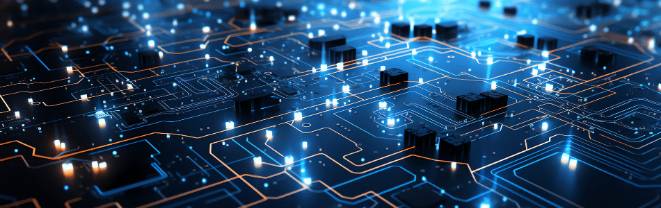 Descrição de Imagem: Uma placa de circuito digital futurista com caminhos azuis e laranja brilhantes entrelaçados com elementos de blockchain, acompanhados por pequenas estruturas pretas, criando um conceito de inteligência artificial de alta tecnologia com uma sensação de profundidade e complexidade.