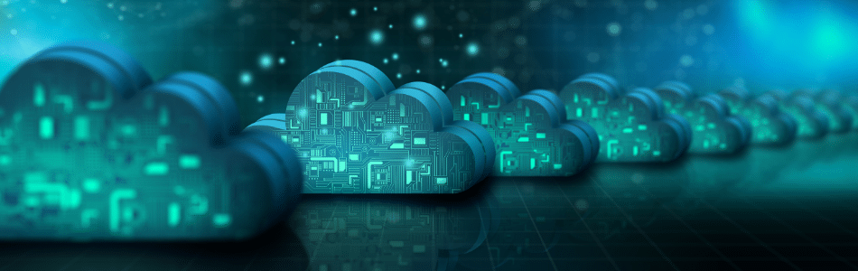 Descrição de Imagem: Uma ilustração digital abstrata de ícones de nuvem, cada um preenchido com padrões de circuito simbolizando bancos de dados relacionais e não relacionais. As nuvens se alinham em uma fileira em uma superfície brilhante, colocadas contra um fundo desfocado em tons de ciano e verde, incorporando tecnologia de nuvem e conectividade.