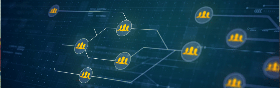 Descrição de Imagem: Ilustração digital abstrata apresentando nós de rede interconectados com ícones de usuário amarelos em um fundo de grade azul escuro, representando conceitos de blockchain para contratos inteligentes, comunicação, redes sociais ou conectividade de dados.