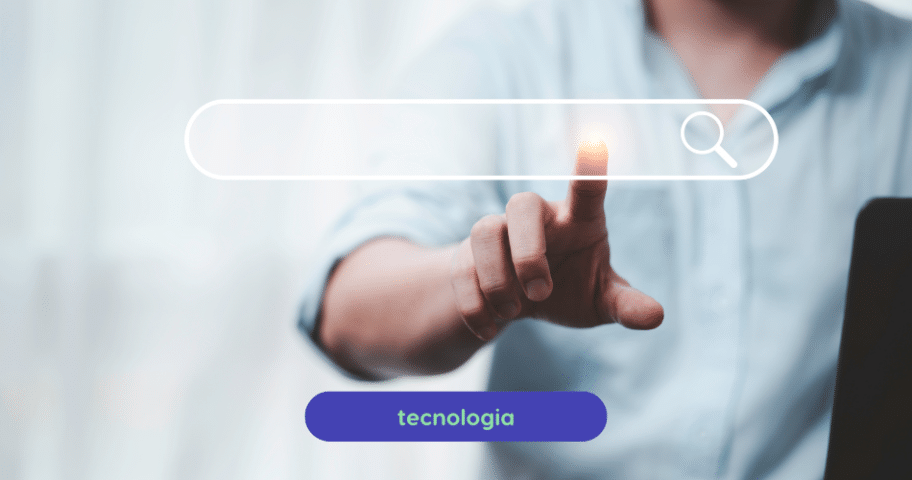 Descrição de Imagem: Uma pessoa de camisa azul interage com uma interface de barra de pesquisa na tela. O fundo está desfocado, apresentando "tecnologia" em um botão azul proeminente na parte inferior, sugerindo o complexo mundo de URIs e URLs.