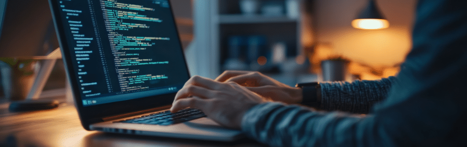 Descrição de Imagem: Uma pessoa digita em um laptop exibindo linhas de código e arrays em JavaScript em uma sala mal iluminada. O fundo apresenta uma lâmpada suavemente brilhante e prateleiras desfocadas, criando uma atmosfera aconchegante e focada para programação.