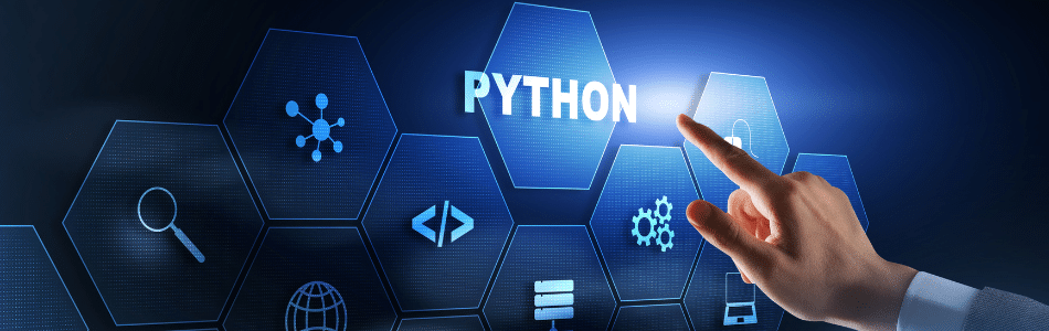 Descrição de Imagem: Uma mão aponta para um texto brilhante "PYTHON" em uma interface digital, cercado por ícones hexagonais que representam conceitos de programação como código, rede e lupa, destacando o poder dos algoritmos matemáticos em python contra um fundo azul.